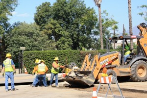 Crews relocate a utility line near the future Maintenance and Operations Facility in Monrovia