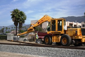 Crews install two light rail tracks in Azusa