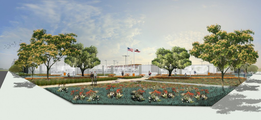 Rendering of public plaza and  viewing area on corner of  Evergreen Ave and California Ave.