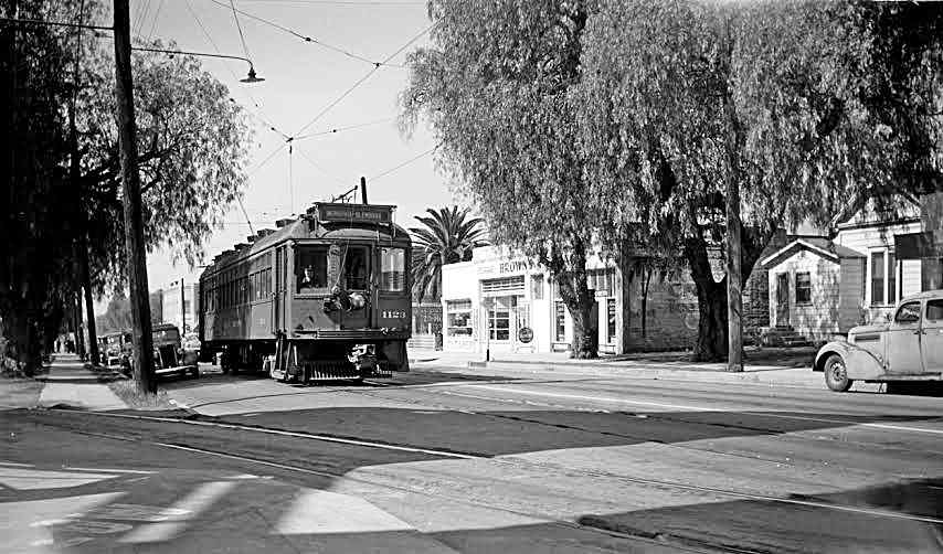 Pacific Electric car from 1951 at Monrovia Olive Street. Photo courtesy of Alan Weeks 