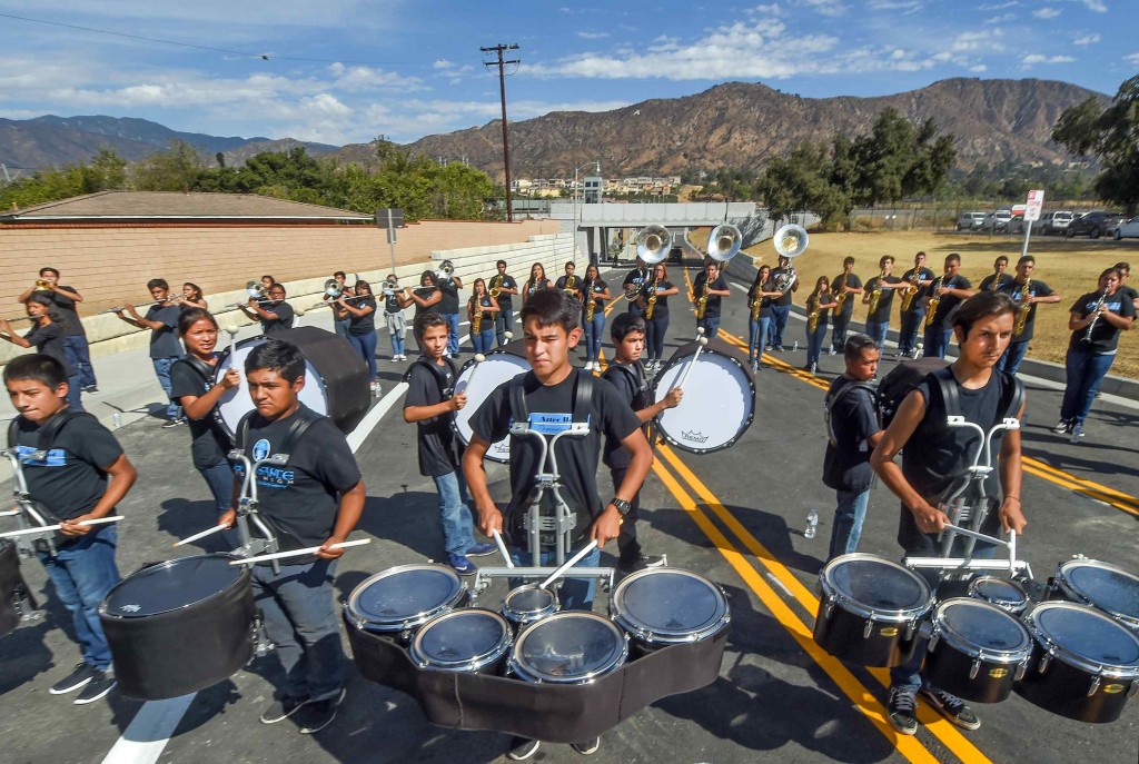 Azusa High School Marching band performing on Citrus Avenue Extension before ribbing cutting. The City of Azusa and Glendora officially opened its extension of Citrus Avenue Monday September, 19, 2016. The extension provides a direct connection to the APU/Citrus College Gold Line station so drivers and pedestrians don’t have to take a long, winding path through Rosedale.(Photo by Walt Mancini/Pasadena Star-News/SCNG) 