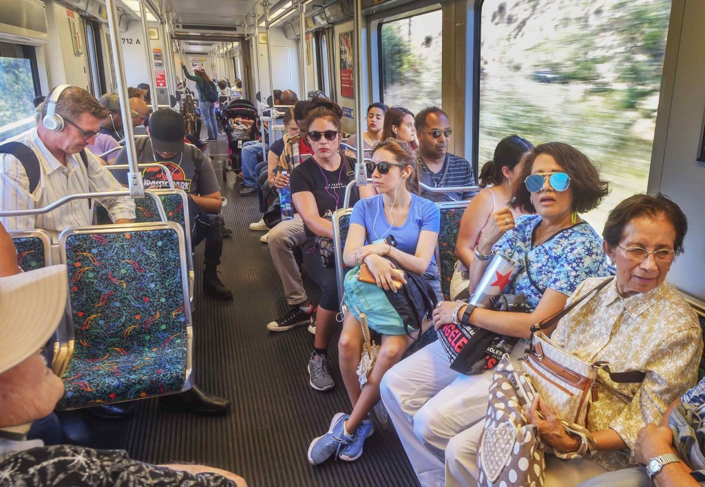 Riders on the Metro Gold Line in Pasadena. Ridership is up on the Gold and Metro Expo lines for August 2016 figures. (Photo by Walt Mancini/Pasadena Star-News/SCNG) 