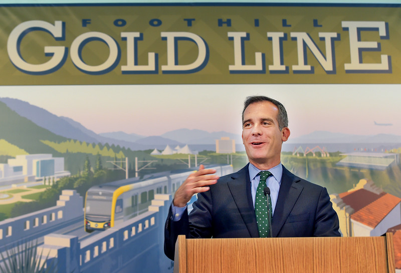 LA Mayor Eric Garcetti speaking at the Glendora-to-Montclair Gold Line extension kicked off at Pomona College,   Friday, October14, 2016.  The event featured a series of panels, and many speakers, including Congresswoman Judy Chu, John Fasana Board Chair, LA County Metro, Council member City of Duarte and Congresswoman,Grace Napolitano  Metro Habib F. Balian, Chief Executive Officer, Foothill Gold Line Construction Authority and Pasadena Mayor Terry Tornek. (Photo by Walt Mancini/Pasadena Star-News/SCNG)