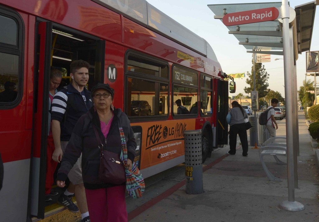 Eighty-six percent of Cudahy voters casted ballots in favor of Measure M. The buses going through this Gateway city are heavily used by the residents. People disembark the bus at the intersection of Santa Ana St. and Atlantic Ave. in Cudahy, Calif., Wednesday, Nov. 16, 2016.(Photo by Keith Birmingham, Pasadena Star-News/SCNG) 