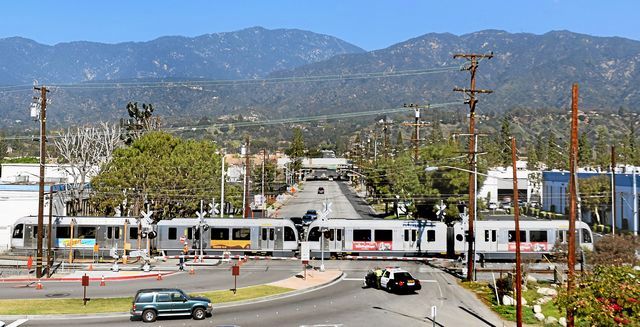 Foothill Gold Line train passes through Highland Avenue intersectionnear the Duarte Station Monday, February 9, 2015. Train testing has begun on the 11.5-mile Foothill Gold Line between Pasadena and Azusa, from Monday, through Summer 2015. Train testing is currently taking place in the cities of Duarte and Irwindale, and will expand to Pasadena, Arcadia, Monrovia and Azusa over the next several months.Systems integration testing is when the train is moving and they're looking to see how it works together. Train will be running between Myrtle Avenue and Irwindale, back and at 15 mph.T(Photo by Walt Mancini/Pasadena Star-News)