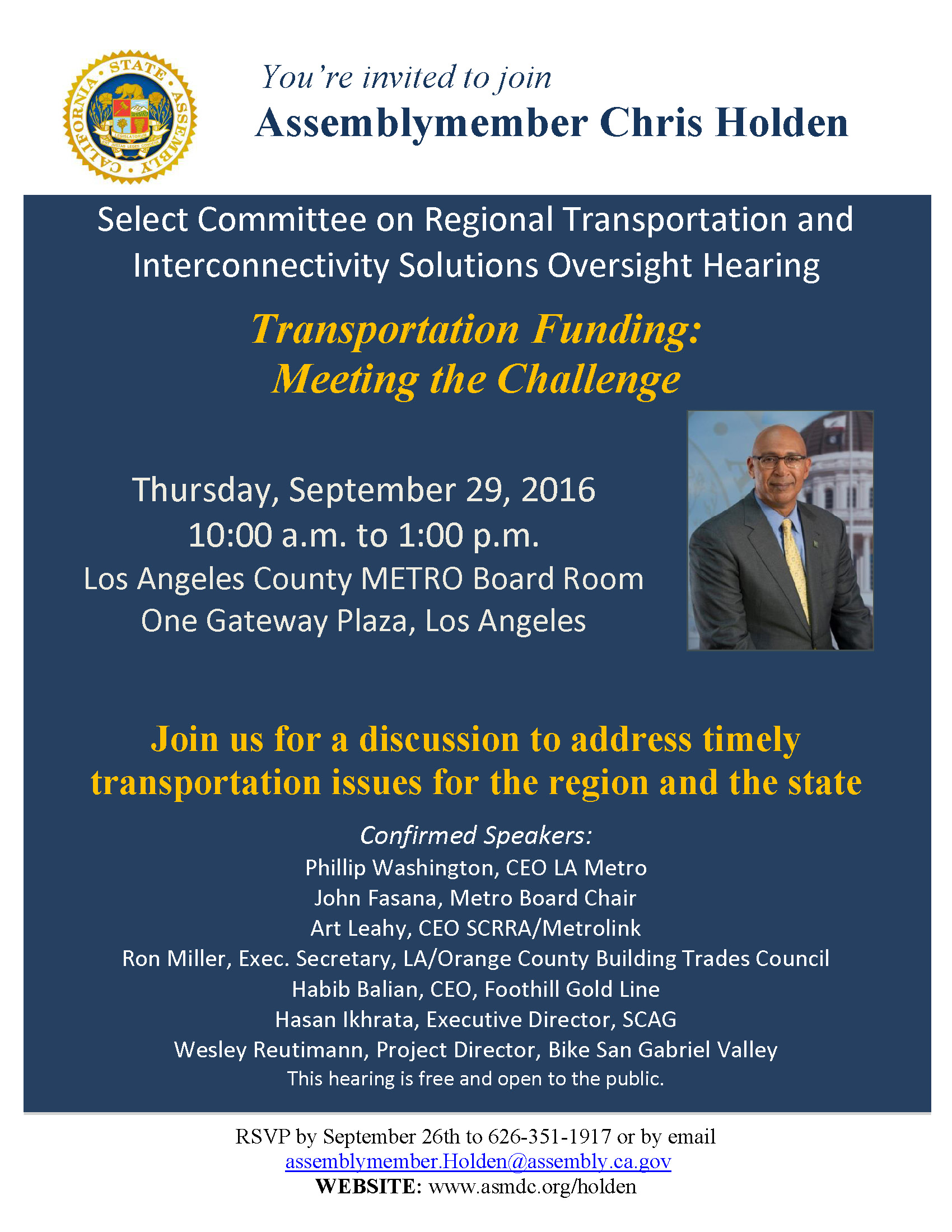 You're Invited Assemblymember Chris Holden's Transportation Hearing